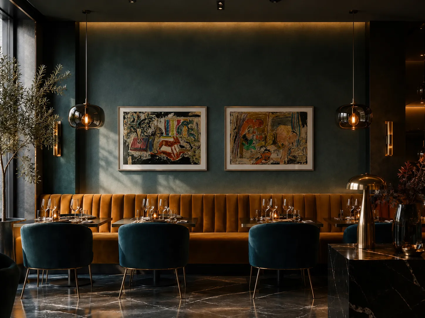Zwei Werke von Mike Bruchner in einem Restaurant mit dunkelgrüner Wand